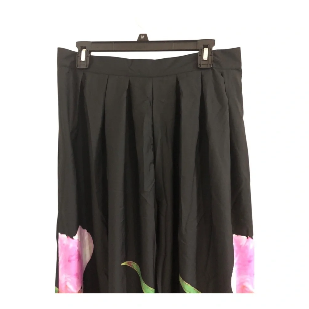 Black pink hibiscus floral tropical print hem wide leg flowy pants size XL new - Picture 6 of 17